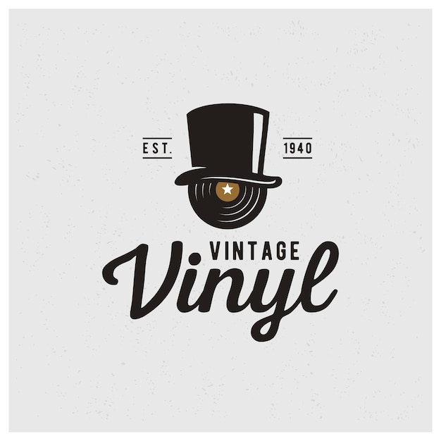 Vintage klassische grammophon-musik-vinyl-cd-schallplatte mit viktorianischem mann-hut-logo-design