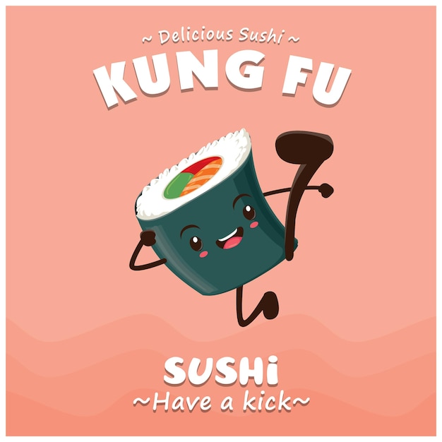 Vintage kung fu sushi-poster-design mit vektor-sushi-charakter