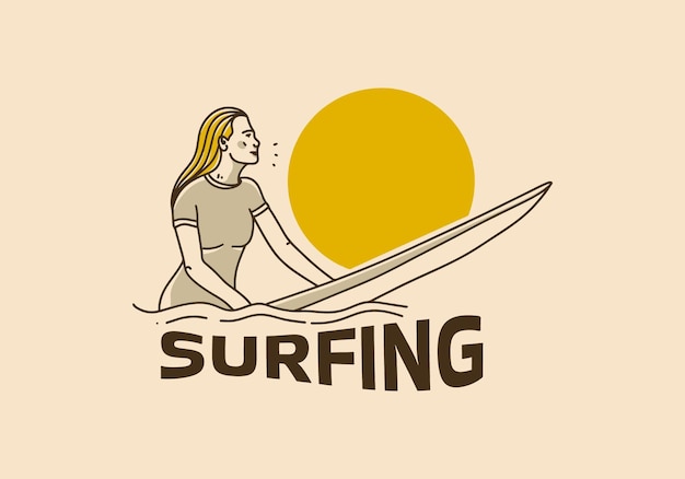 Vintage kunstillustration einer frau, die auf einem surfbrett sitzt
