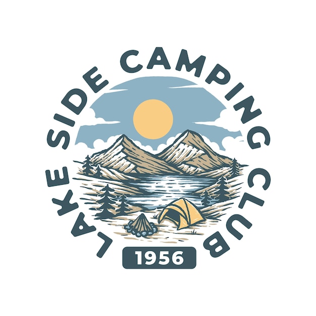 Vintage Label Badge Illustration von Camping auf der Seeseite und Berg