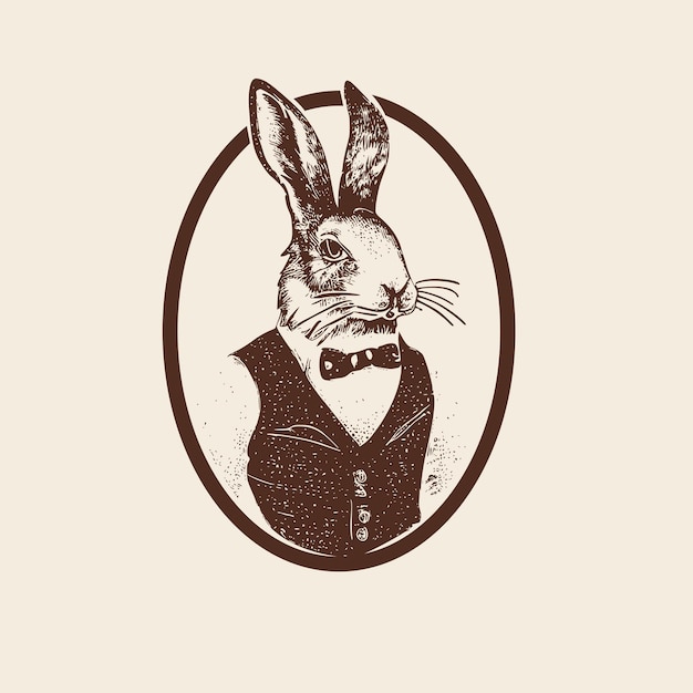 Vintage-Logo eines Kaninchens, das eine Kellnerweste trägt