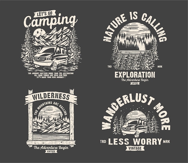 Vektor vintage-logo-set abenteuer und outdoor-bergcamping für aufkleber, hut, t-shirt, posterdesign