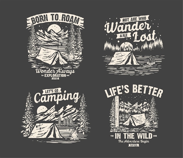 Vektor vintage-logo-set abenteuer und outdoor-bergcamping für aufkleber, hut, t-shirt, posterdesign