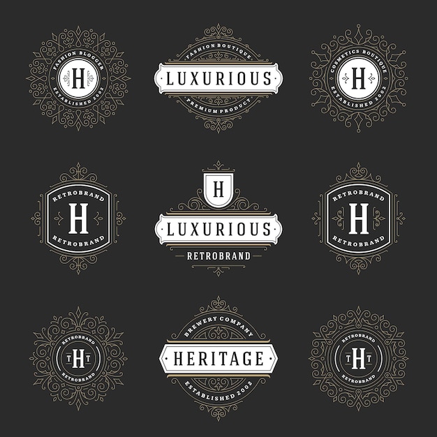 Vektor vintage-logos-vorlagen, vektor-set, kalligraphie, elegante ornamente, rahmen und grenzen