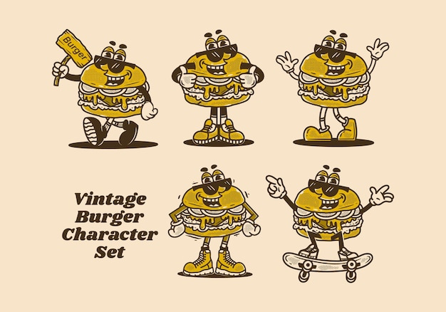 Vektor vintage-maskottchen-charakterdesign des burgers