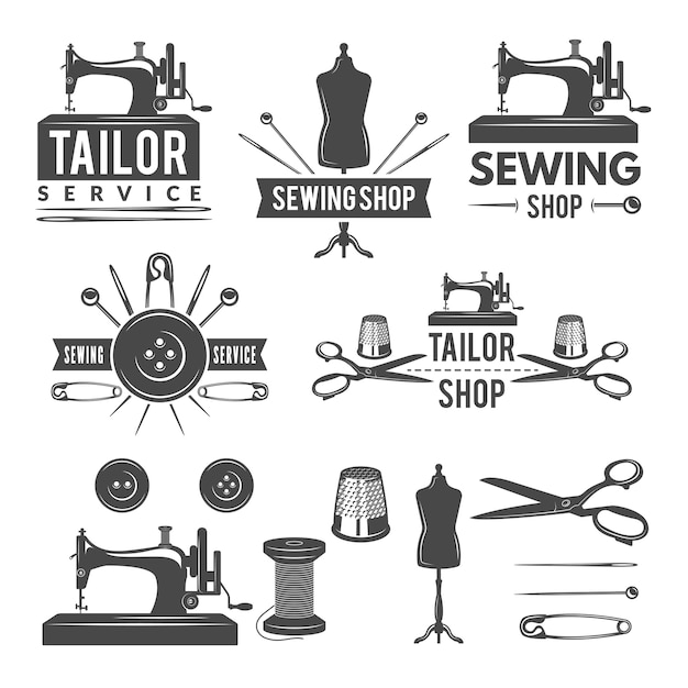 Vintage monochrome Bilder und Etiketten für Schneiderei. Logos für die Textilproduktion
