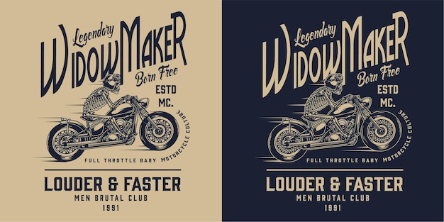 Vintage-motorrad-monochrom-label mit schriftzügen und skelett-motorradfahrer, der motorrad bei licht und dunkelheit fährt