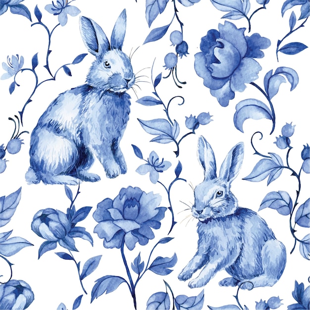 Vintage nahtloses Muster mit Osterhase und blauen Blumen Aquarellzeichnung im Vintage-Stil