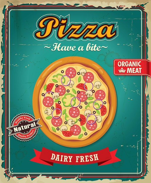 Vektor vintage pizza-plakatdesign mit vektorpizza