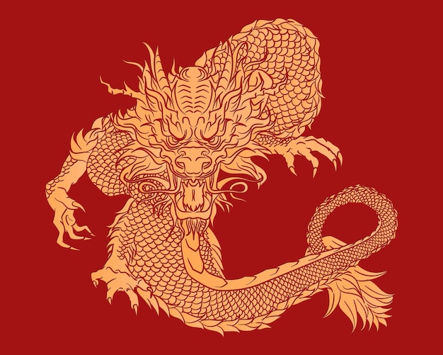 Vintage-poster mit traditionellem goldenen chinesischen drachen auf rotem hintergrund mythologie asiatische kreatur