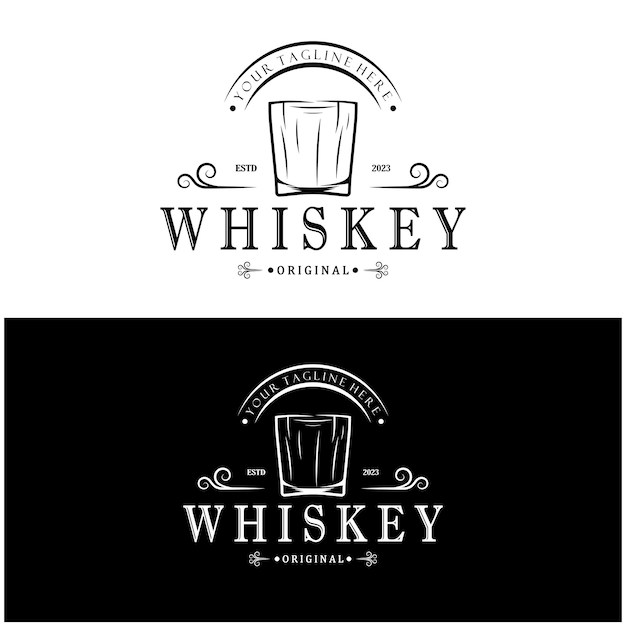 Vintage-premium-whisky-logo-etikett mit glas oder bier für getränkebars, clubs, cafés, unternehmen