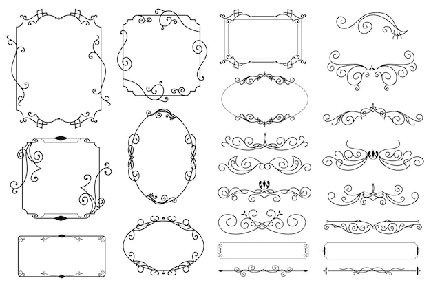 Vintage-Rahmen und Trennwände Mega-Set-Elemente in flachem grafischem Design Bündel von Objekten von Luxus antiken Grenzen Ecken und Banner mit blumigen Locken und dekorativen Blüten Vektor-Illustration