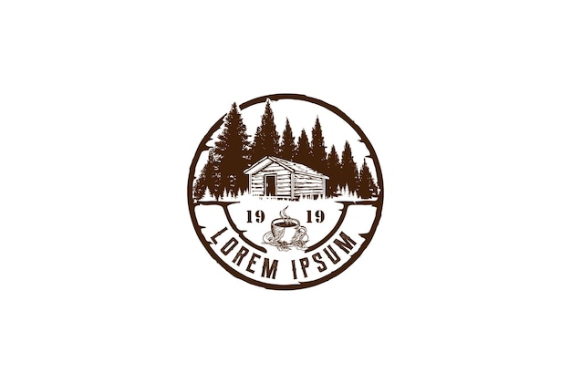 Vektor vintage retro kreisförmige kiefernwald mit scheunenhütte chalet und kaffee logo design vector