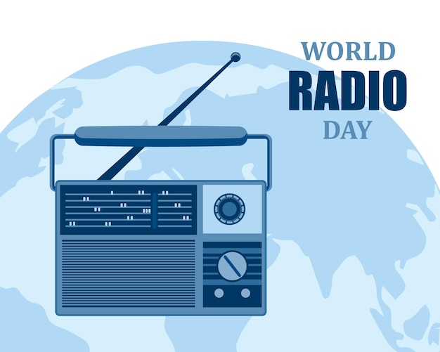 Vintage retro-radio mit globus-hintergrund, weltradiotag. banner, poster, vektor