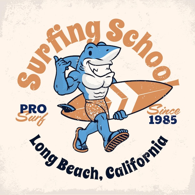 Vintage retro surfing shirt design mit hai-maskottchen