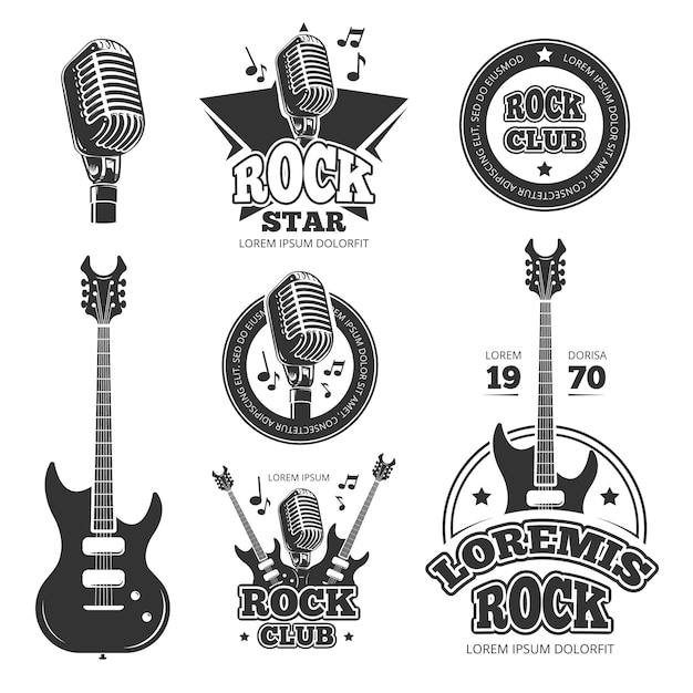 Vektor vintage rock-and-roll-musik-vektor-etiketten, embleme, abzeichen, aufkleber mit gitarre und lautsprecher silhouetten. rockmusikemblem, retro- weinlese-rock-and-rollaufkleberillustration
