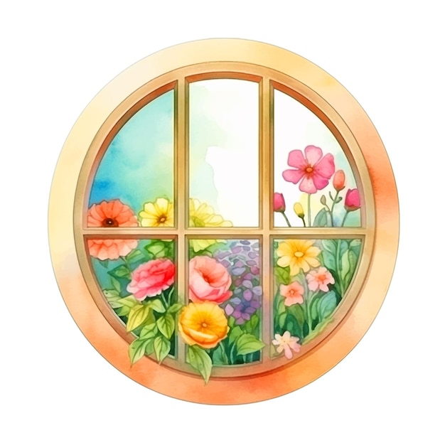 Vintage rundes Fenster mit vielen Blumen Aquarellfarbe