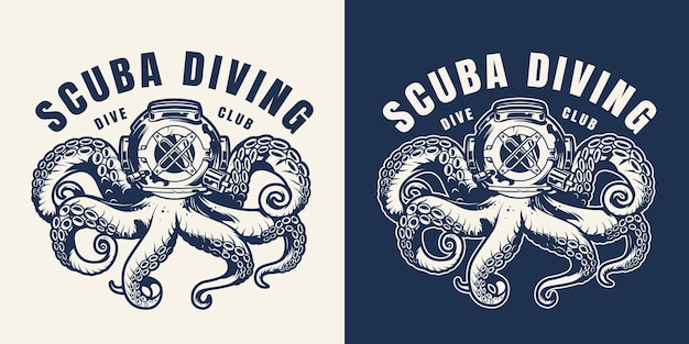 Vintage scuba diving monochrom-emblem mit oktopus im taucherhelm isoliert