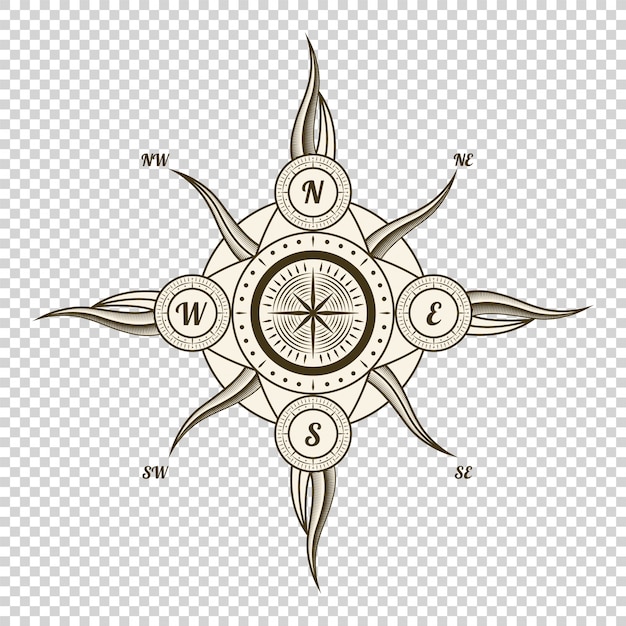 Vintage seekompass. altes gestaltungselement für meeresthema und heraldik auf transparentem hintergrund. hand gezeichneter wind stieg auf