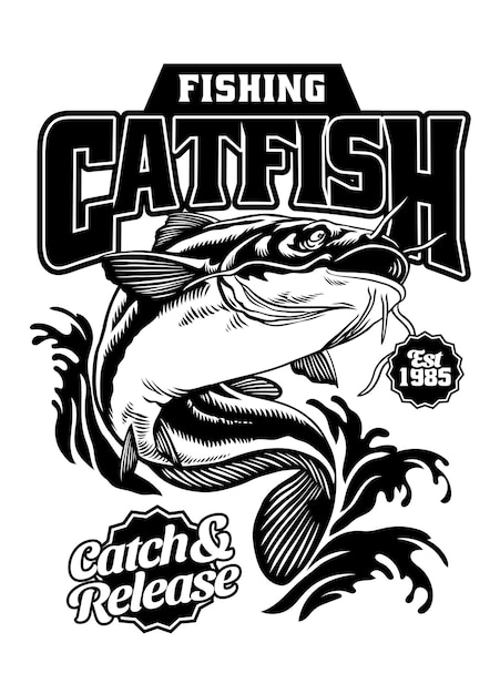 Vintage-shirt-design der fischerei große katzenfisch illustration