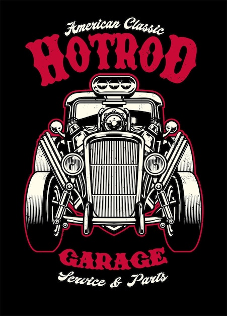 Vektor vintage-shirt-design von hotrod-auto mit großem motor