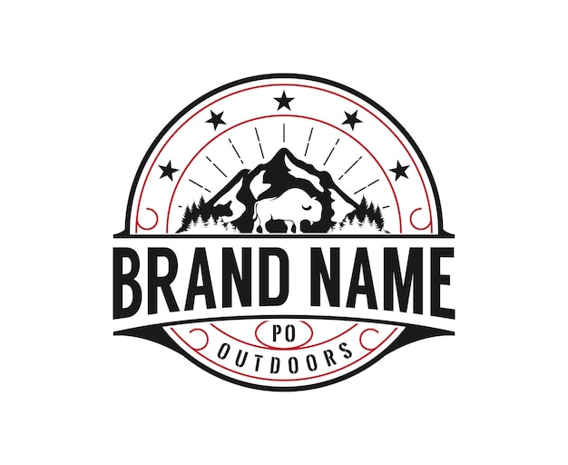 Vintage Silhouette Bison und Rocky Mountain Label Stempel Logo Design Vektor