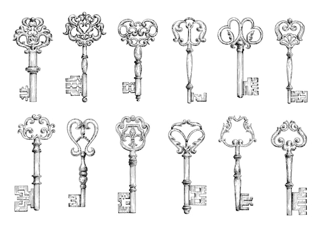 Vintage-Skizzen mittelalterlicher Türschlüssel, geschmückt mit geschmiedeten Blumenmotiven mit dekorativen Elementen. Dekoration, Verschönerung, Sicherheit oder Sicherheitsthema Design