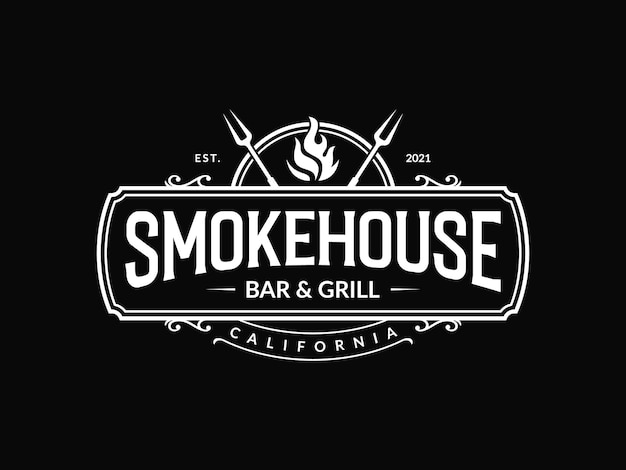 Vintage smokehouse bbq barbecue bar und grill logo-design mit gabel und feuer