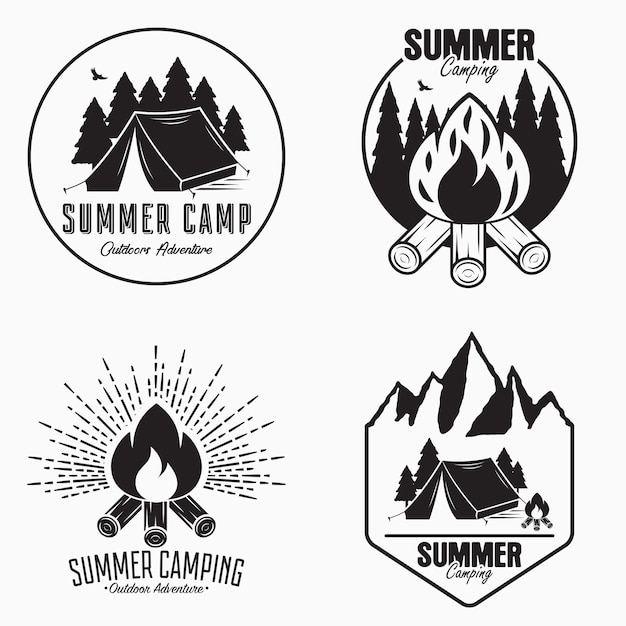 Vektor vintage-sommercamp-logo-set, camping-abzeichen und outdoor-abenteuer-embleme, originelle typografie