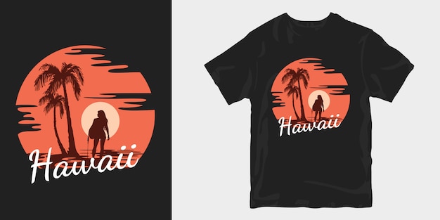 Vintage sonnenuntergang hawaii mit frau am strand t-shirt designs