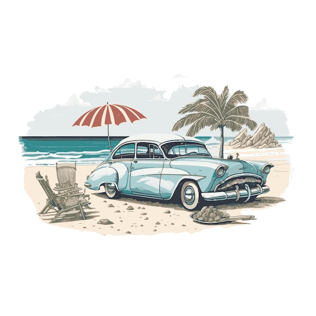 Vintage strandvan mit surfbrett long beach summer vibes handzeichnung illustration sommer 2023