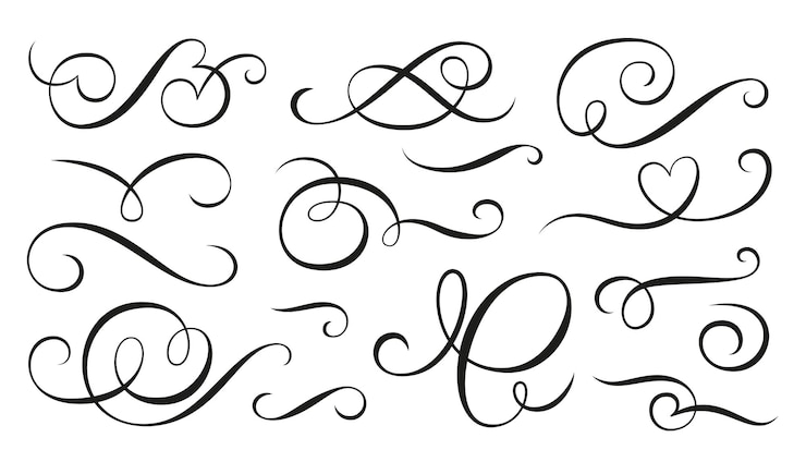 Vektor vintage-strudel-ornament filigrane kalligrafische zierlocken linearer flourish-trenner-satz dekorative retro-elemente für königliches menü-zertifikat-diplom-hochzeitseinladungskarten-textteiler