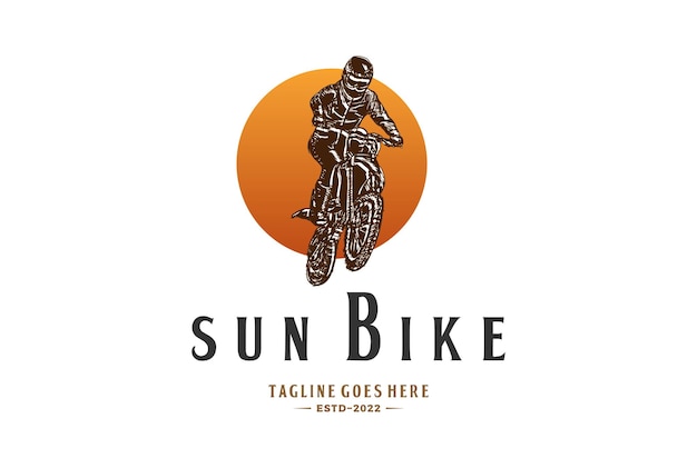 Vintage sun sunrise sunset mit jumping dirt bike für sport race club competition logo design