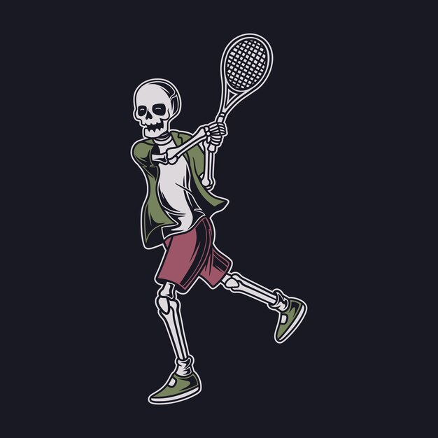 Vintage t-shirt design den schädel, der den ball mit beiden händen schlägt tennis illustration tennis