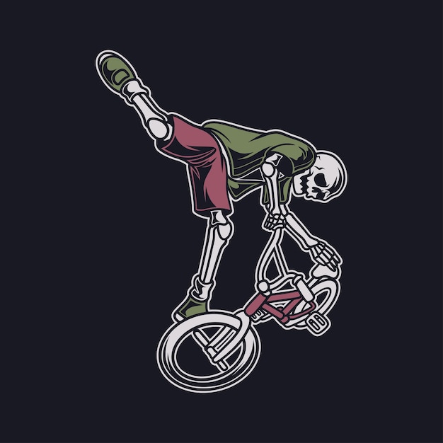 Vintage t-shirt design einen schädel in einer fliegenden position mit den beinen auf den vorderrädern fahrrad illustration