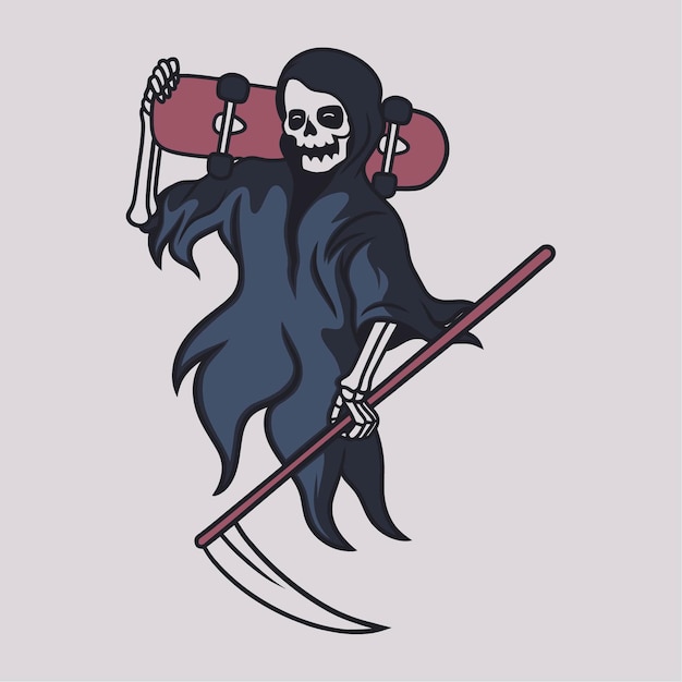 Vintage-T-Shirt-Design Sensenmann, der ein Skateboard auf seinen Schultern trägt Illustration