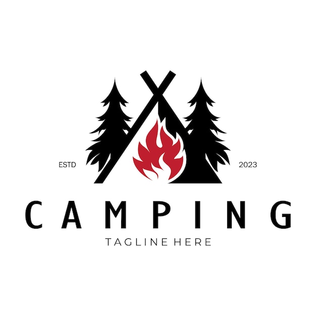 Vintage- und retro-zelt-logo-camping mit zeltbaum und lagerfeuerschild, abenteurer, pfadfinder, kletterer