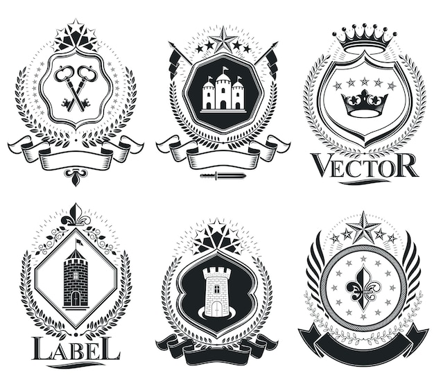 Vektor vintage-vektor-design-elemente. etiketten im retro-stil, heraldik. wappensammlung, vektorset.