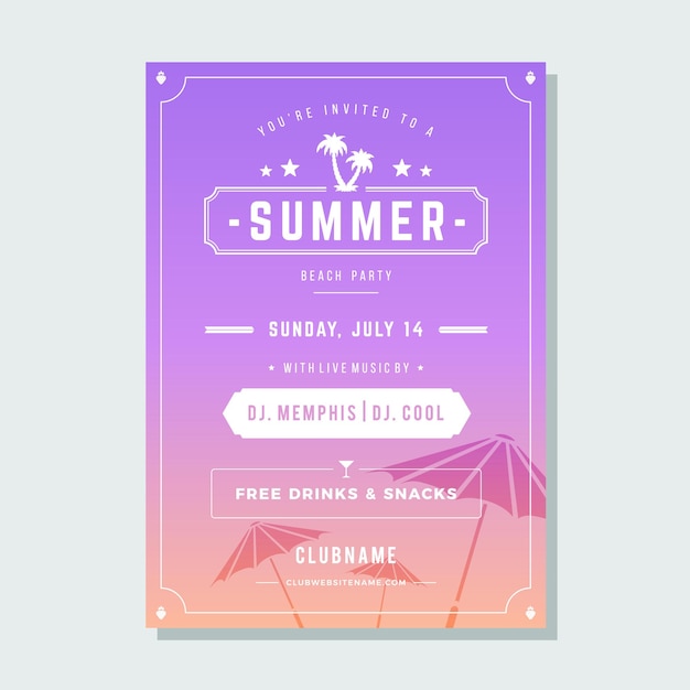 Vintage violette Gradienten-Sommer-Strandparty-Plakatvorlage flüssige Design-Vektorillustration