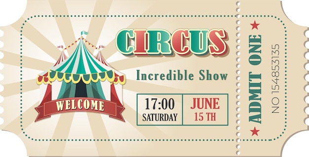 Vintage-Zirkusticket. Vektordesign-Zirkusticket mit Zirkuszelt, das einen Code und Textelemente für Kunstfestivals und Veranstaltungen zulässt