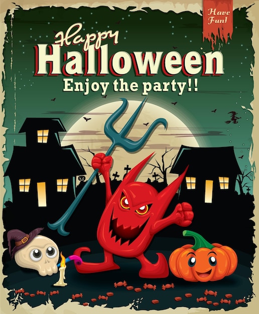 Vektor vintages halloween-plakatdesign mit dämon