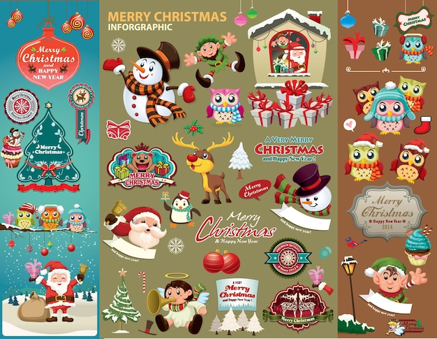 Vintages weihnachtsplakatdesign mit weihnachtsfiguren