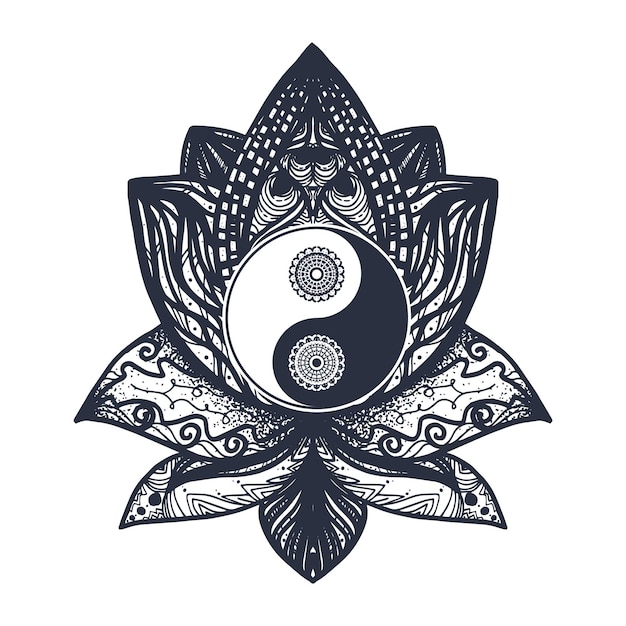 Vintages yin und yang im mandala lotus. tao-symbol für druck, tätowierung, malbuch, stoff, t-shirt, yoga, henna, tuch im boho-stil. mehndi, okkultes und stammes-, esoterik- und alchemiezeichen. vektor