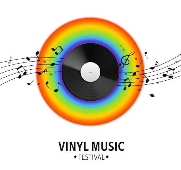 Vinyl-schallplatte realistische musikalische retro-scheibe vintage-singles nehmen regenbogenspektrum auf und notizen winken altes musikmedien-banner vektorbunte festival-poster-events und party-flyer auf weißem hintergrund