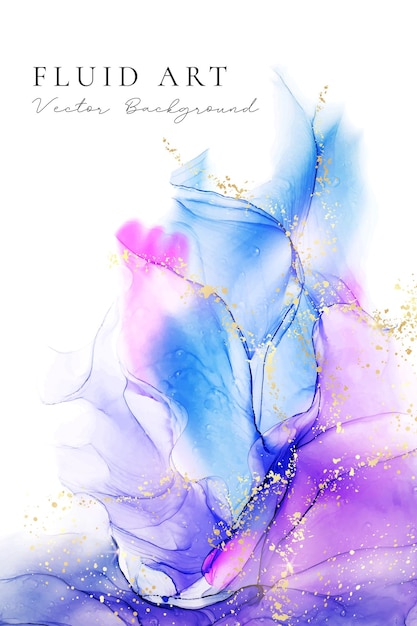 Vektor violett-cyanblauer flüssiger aquarellhintergrund mit goldenen flecken