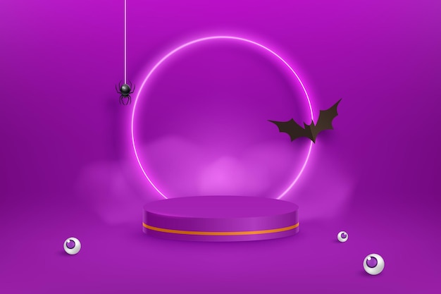 Violetter Halloween-Hintergrund mit Fledermaus-Nebelspinne und Neonlichtern Plattform in Geometrieform