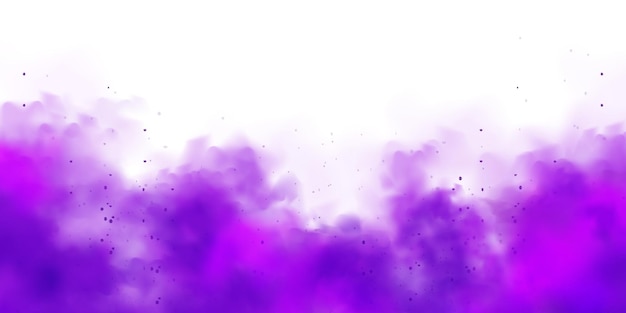 Violettfarbene Rauchwolken, die auf weißem Hintergrund isoliert sind, realistischer Nebeleffekt, Nebeldampf in der Luft