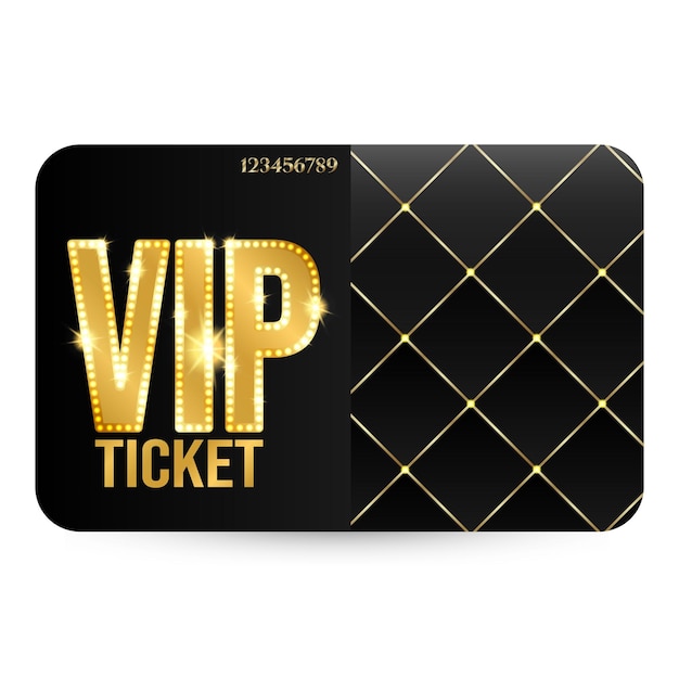 Vektor vip-ticket mit glitzerndem muster in schwarz und gold. vektorillustration