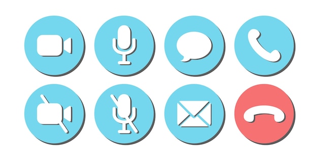 Virtuelle hangouts-symbole für konferenzanrufe ein- und ausschalten von video-tonnachrichten, e-mail- und anrufsymbolen