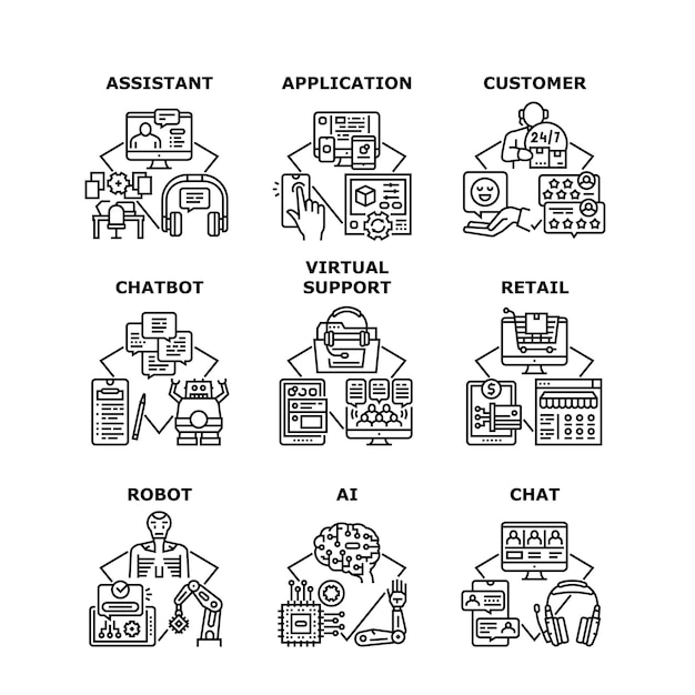 Virtuelle unterstützung set icons vektorillustrationen